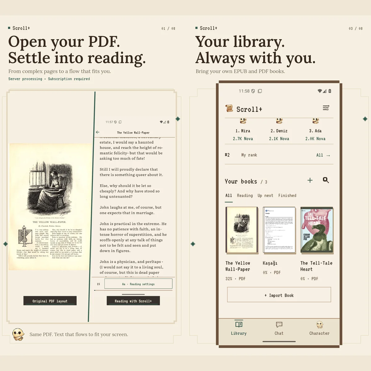 Two Scroll+ Android screens: a PDF page turned into flowing text, and the book library